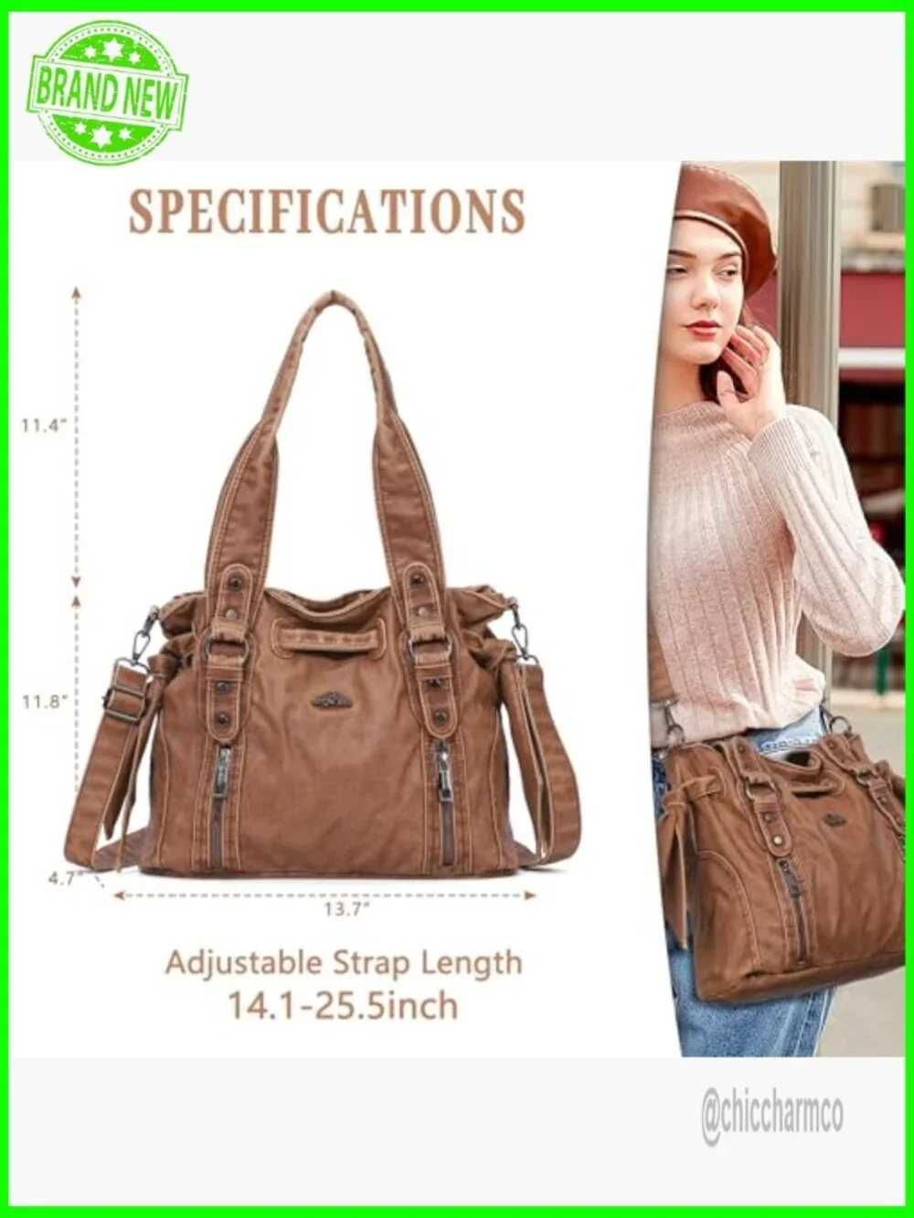 Vegan Leather Hobo Bag with Adjustable Strap, 5 Pockets, 14.4x11.8x5.1 Inches